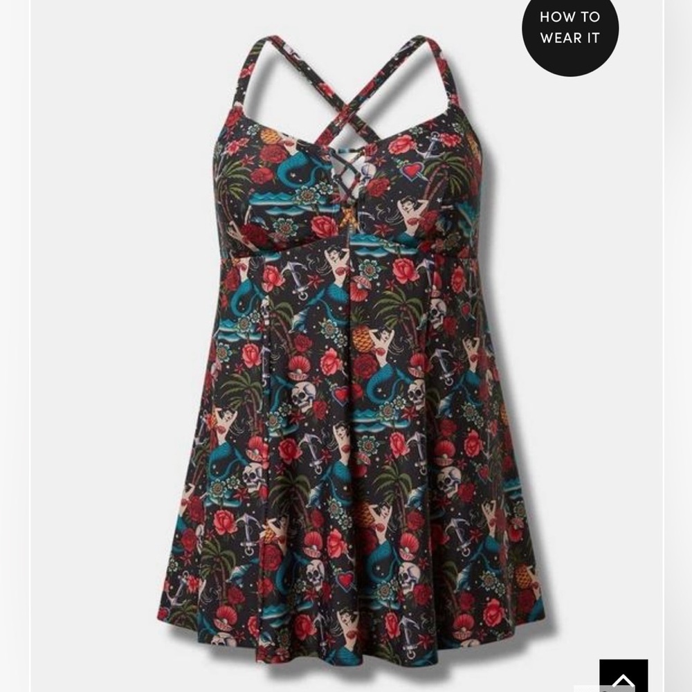 New! Torrid sz 4 Mermaid Tattoo Wireless Strappy Lace Up Swim Dress‎ Brief 4X